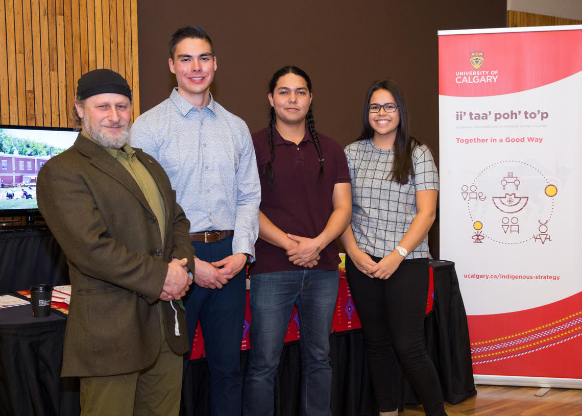 David Lertzman with the 2018-19 Ch'nook Scholars, from left: Ben Cooper-Janvier, Richard Sparvier and Mackenzie Beerbaum. Photo by Riley Brandt, University of Calgary