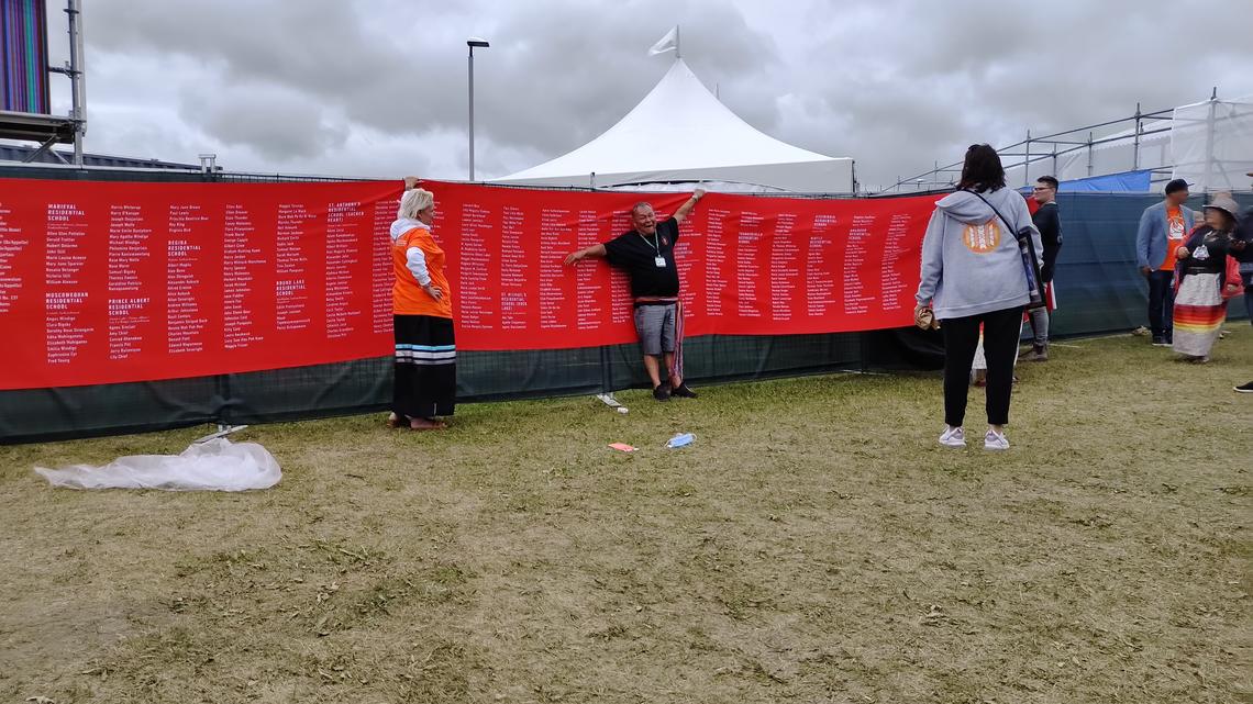 A banner seen here at Maskwacis, AB during the visit of Pope Francis bears the name of over 4,000 Indigenous children who died in residential schools.