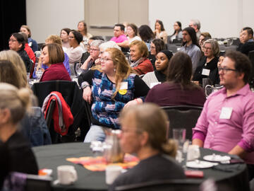 Crowd in room listening to 2023 Marguerite Schumacher Memorial Alumni Lecture