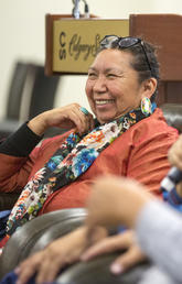 Tsuu'tina Traditional Knowledge Keeper Diane Meguinis and Bearspaw Traditional Knowledge Keeper Rod Hunter share their stories about the significance of language. Photo by Colleen De Neve, for the University of Calgary